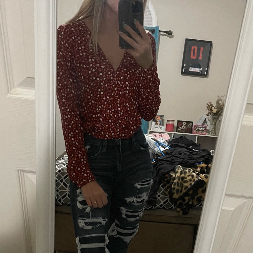 Floral Print Long Sleeve Top Red with White and Yellow Flowers Small